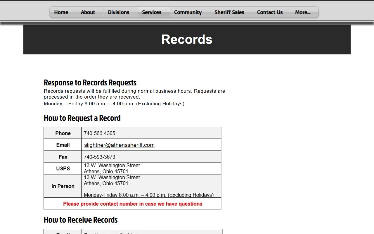 Athens County sheriff records page for inmate population record requests