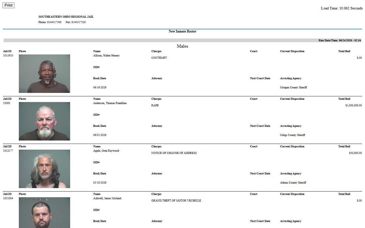 Athens County inmate population roster search through the SEORJ JDS portal